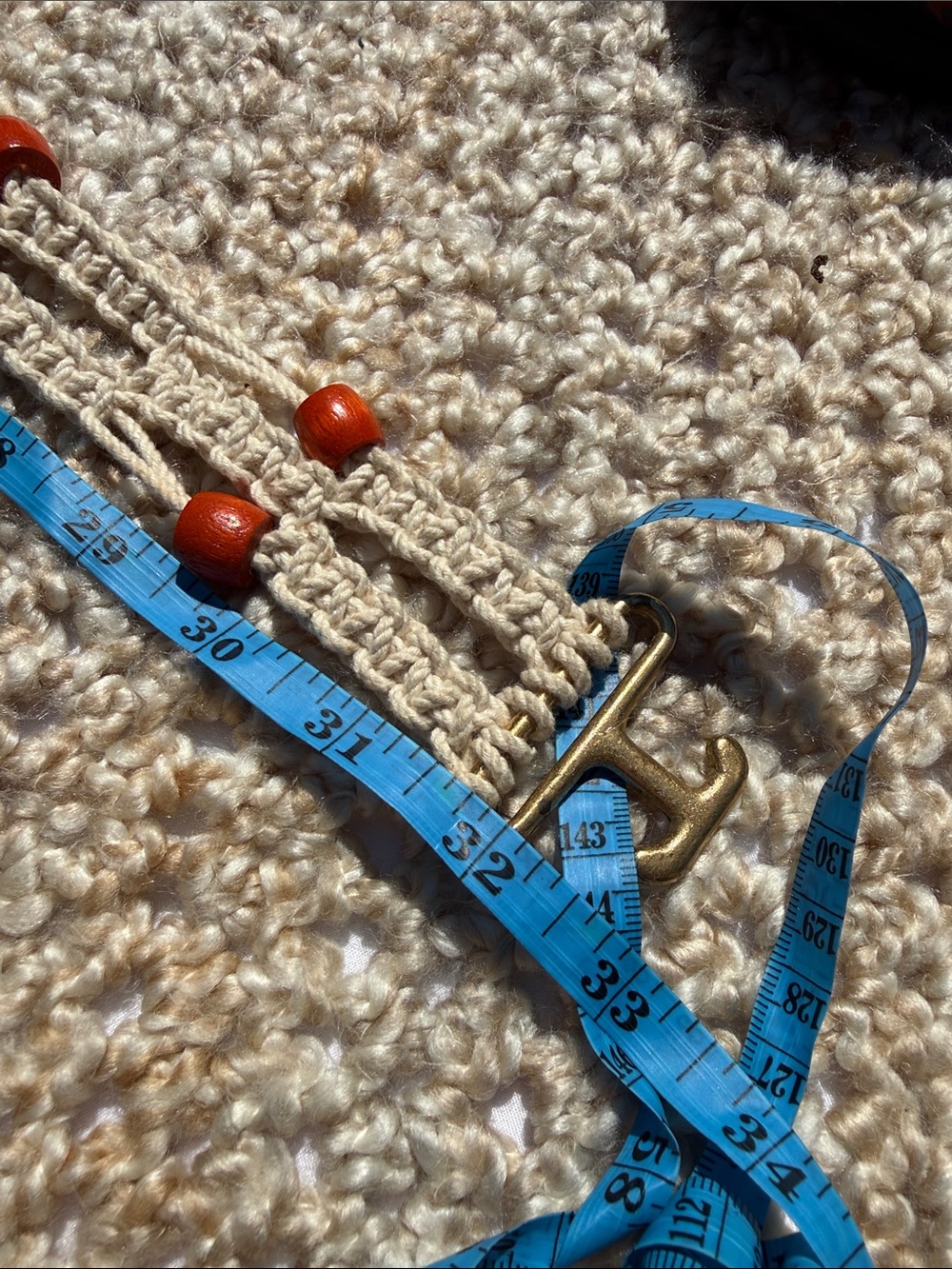 Hippie 70 vintage handmade strong macrame w rust orange beads gold clasp 32"